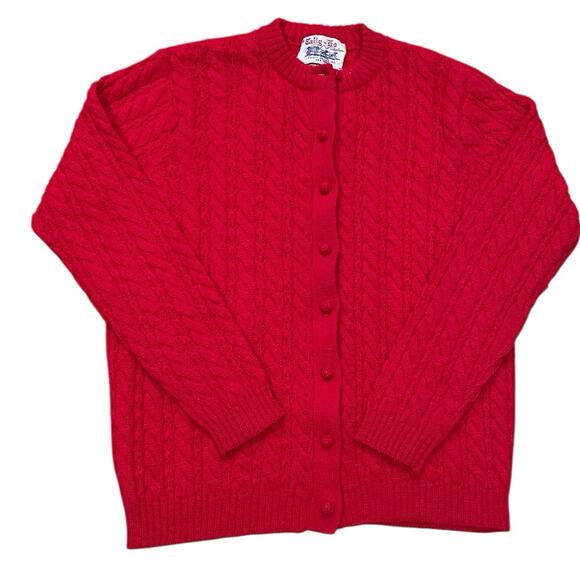 VINTAGE Tally Ho Cardigan Sweater Womens 42 Red 100% Wool Cable Knit Knot Button - Picture 1 of 8